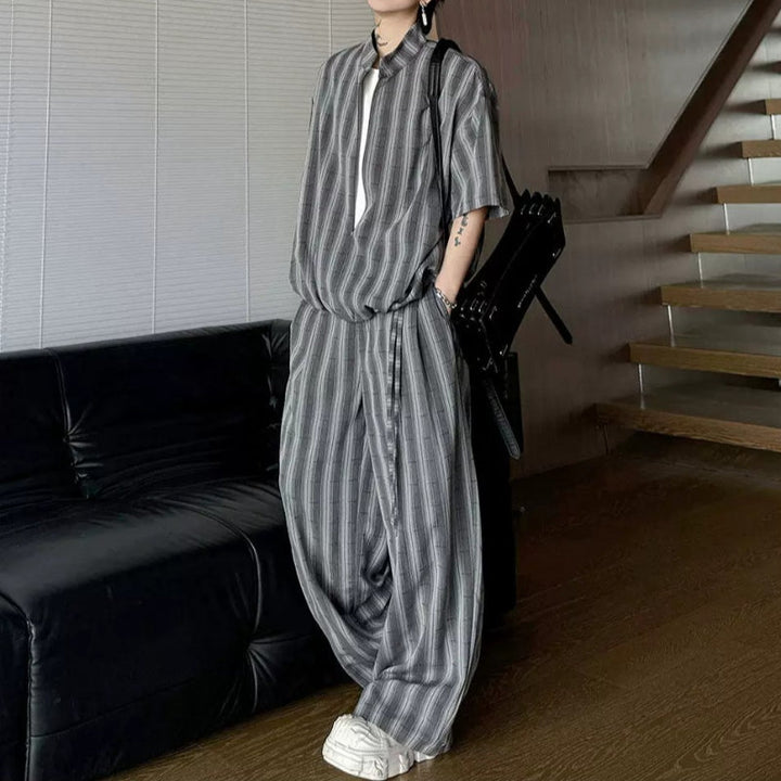 Striped Faux Two-Piece Shirt Wide-Leg Pants Two-piece Set