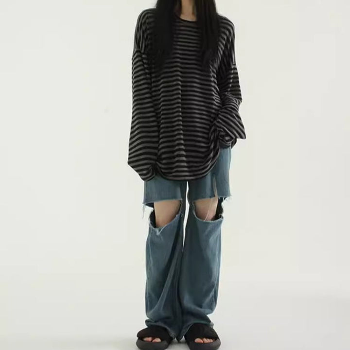 Loose-fitting Casual Striped Long-sleeved Shirt