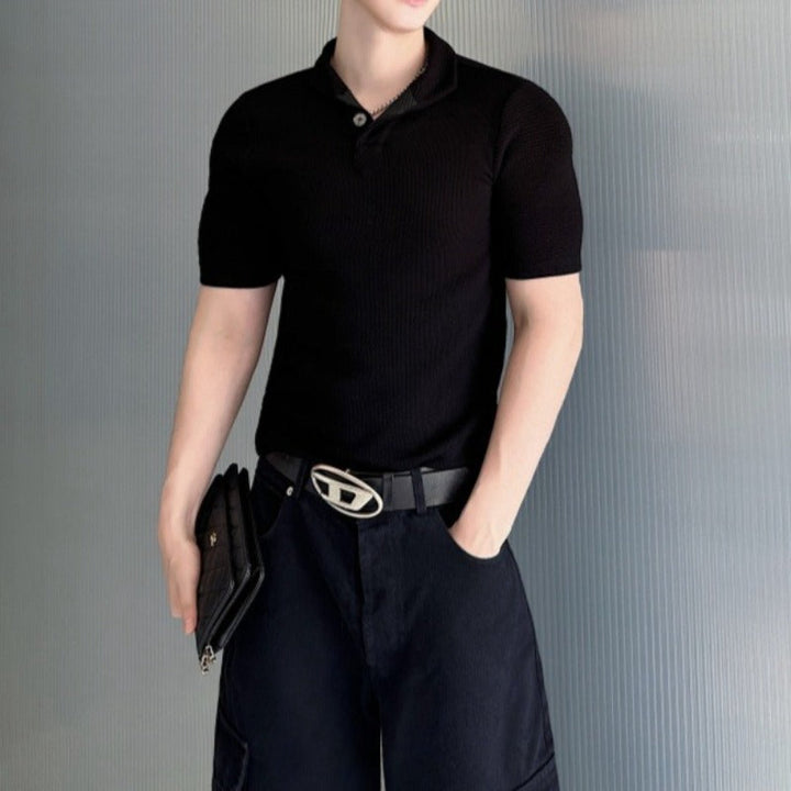 Solid-color Slim-fit Collared T-shirt