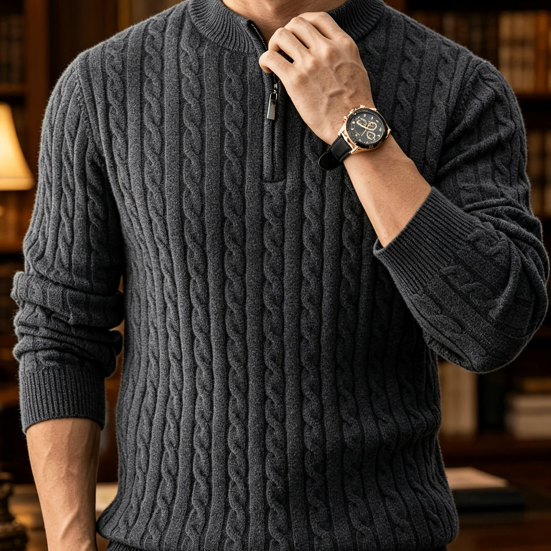 Half-Zip Stand Collar Cable Knit Long-Sleeve Sweater