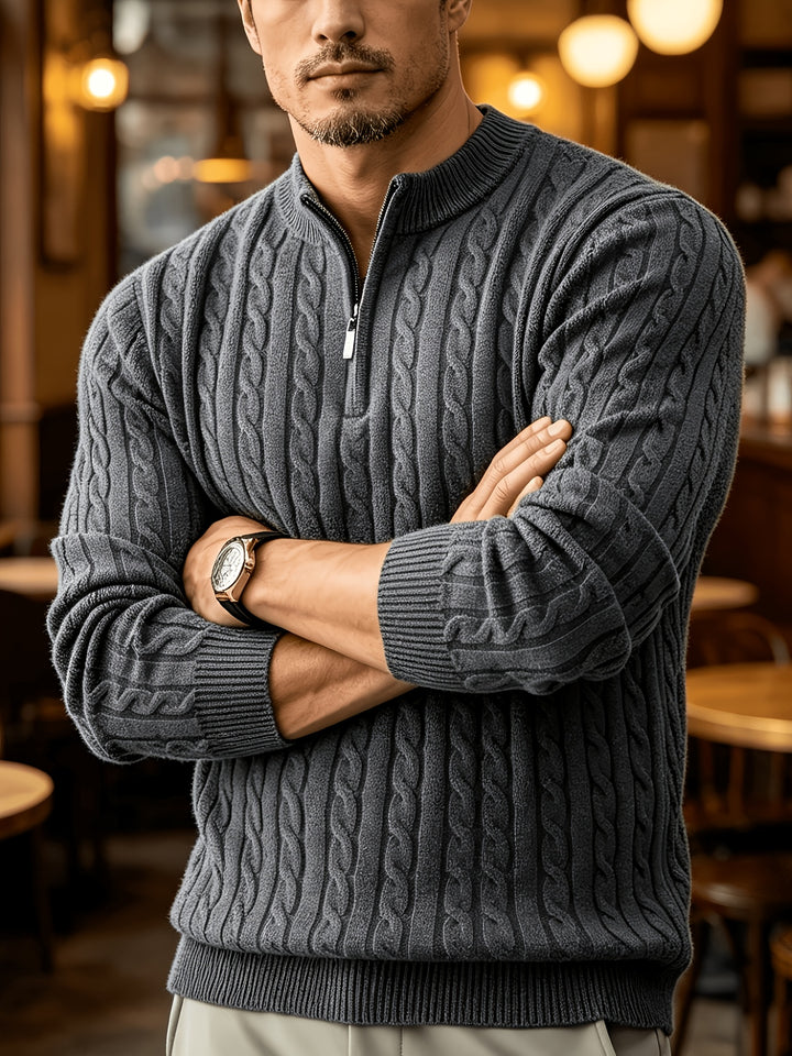 Half-Zip Stand Collar Cable Knit Long-Sleeve Sweater