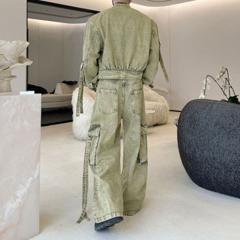 Washed Multi-pocket Workwear Denim Suit