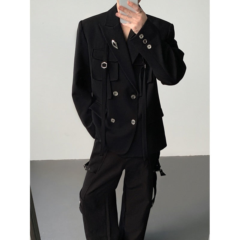 Ribbon-designed Padded-shoulder Suit Jacket