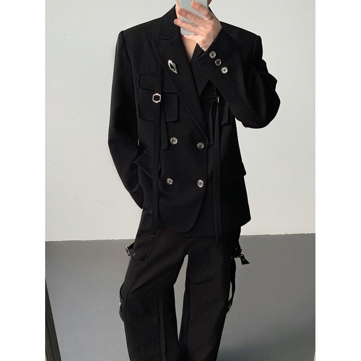 Ribbon-designed Padded-shoulder Suit Jacket