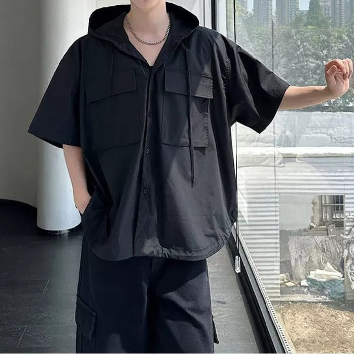 Oversized Hooded Utility Shirt with Large Pockets