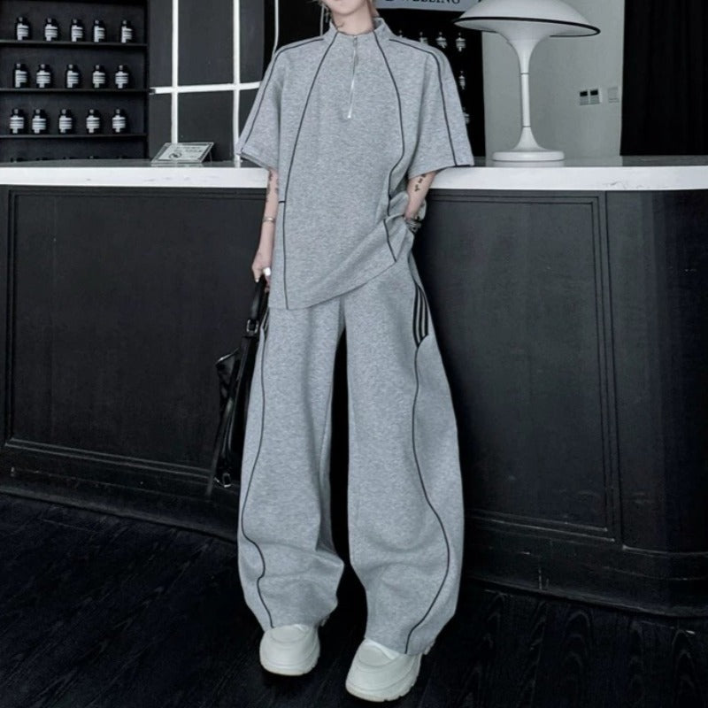 Stand-Collar Short-Sleeve Contrast Piping T-Shirt with &amp; Zip-Front Wide-Leg Trousers Two-Piece Set