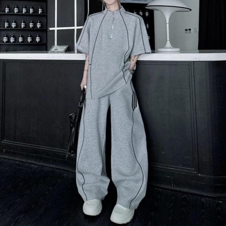 Stand-Collar Short-Sleeve Contrast Piping T-Shirt with &amp; Zip-Front Wide-Leg Trousers Two-Piece Set