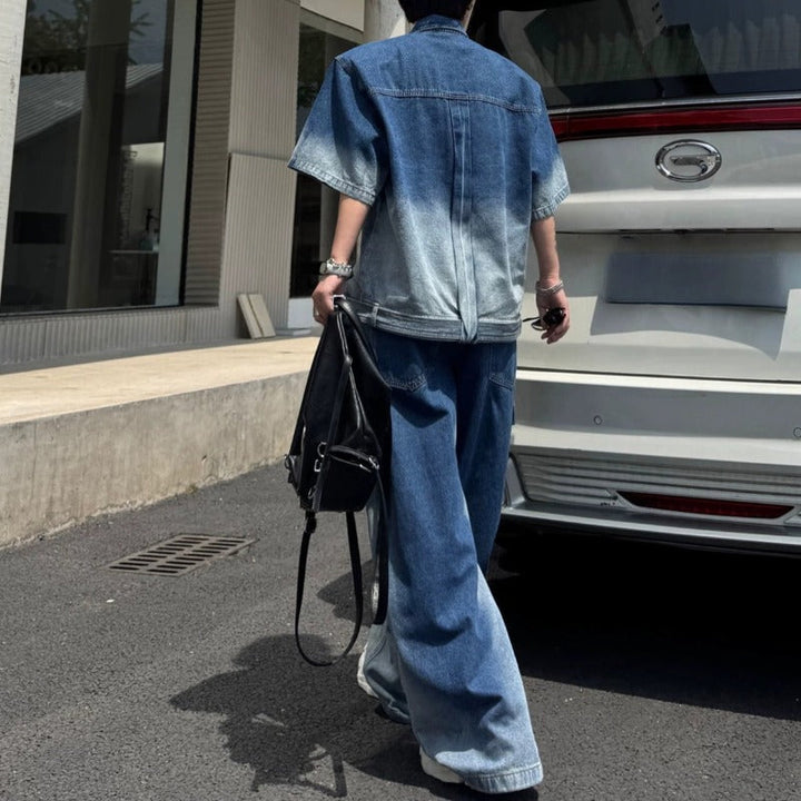 Ombré Denim Short-sleeve Jacket and Jeans Two-piece Set
