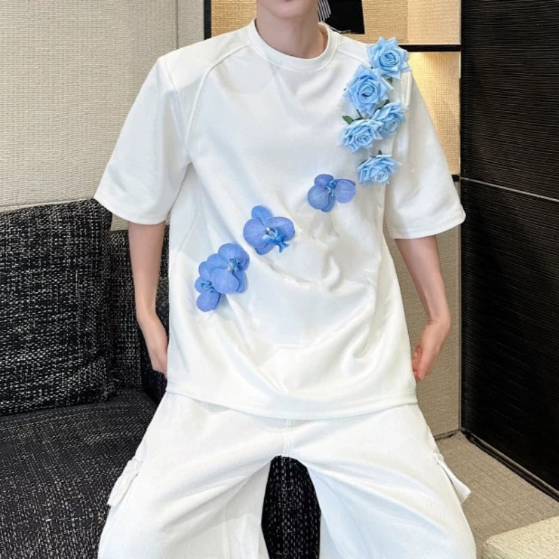 3D Blue Floral Applique Oversized T-Shirt