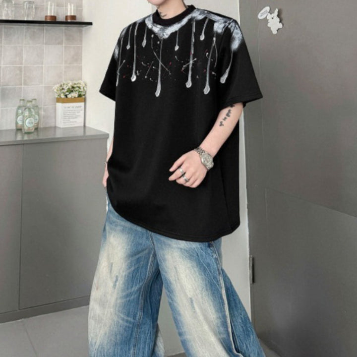 Round Neck Hand-painted Geometric Pattern Loose T-shirt