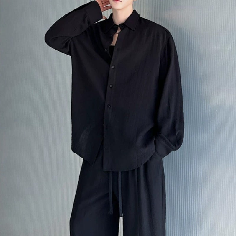 Cotton-Linen Long-Sleeve Shirt Wide-Leg Pant Casual Two-piece Set