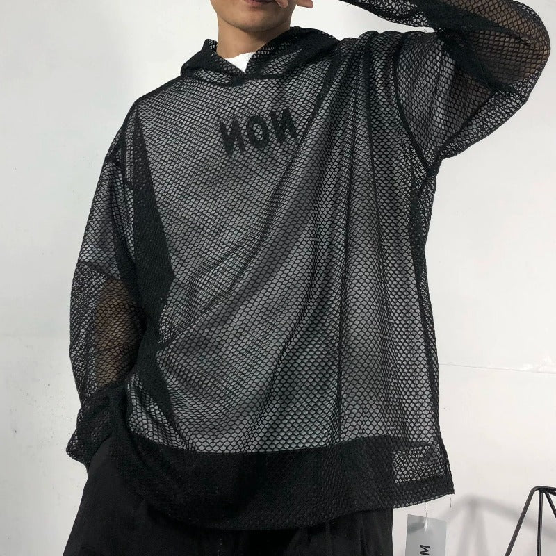 Loose-Fit Mesh Cutout Hoodie