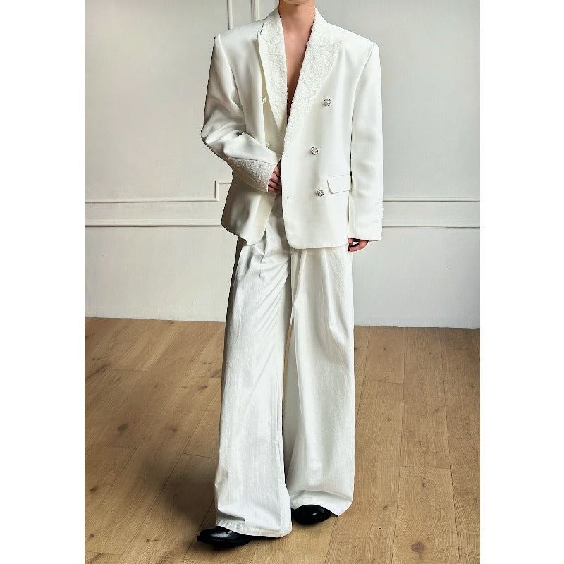 Lace-Paneled Double-Breasted Blazer with Shoulder Pads