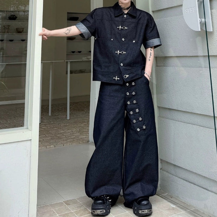Summer Short-Sleeve Denim Jacket with Metal Buttons Denim Trousers Two-Piece Set