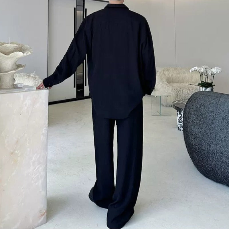 Cotton-Linen Long-Sleeve Shirt Wide-Leg Pant Casual Two-piece Set