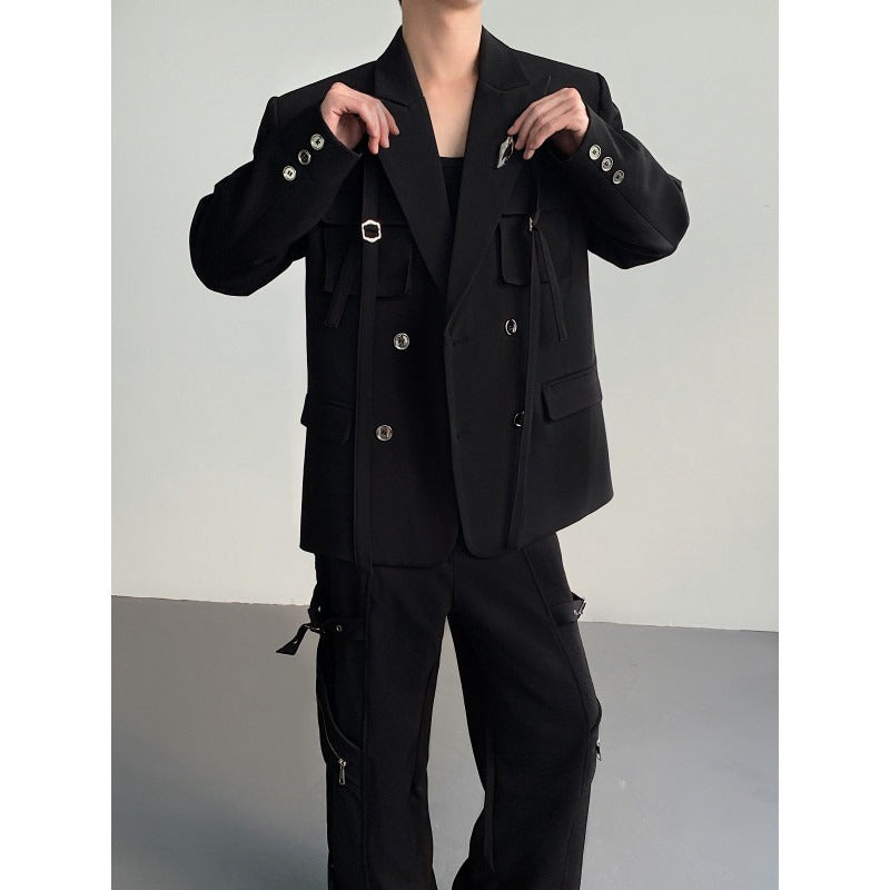 Ribbon-designed Padded-shoulder Suit Jacket