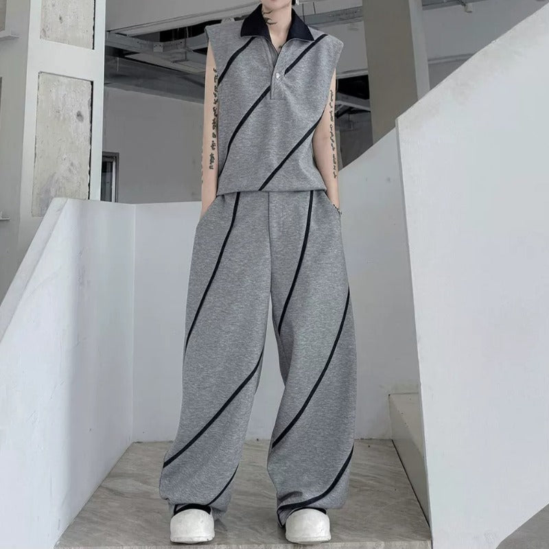 Color-block Collared Vest Casual Trousers Two-piece Set