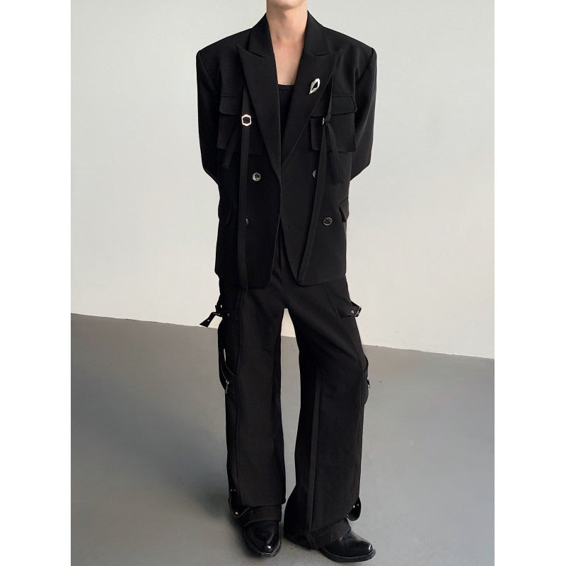Ribbon-designed Padded-shoulder Suit Jacket