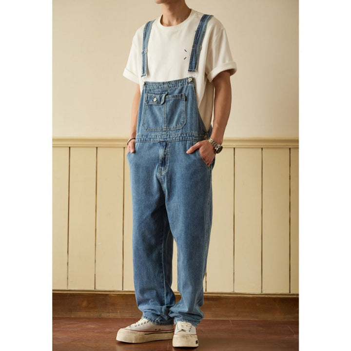 Retro Straight-Leg Cargo Denim Overalls