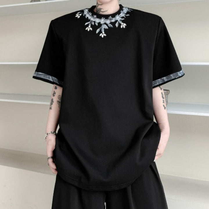 Round Neck Hand-painted Beaded Loose T-shirt