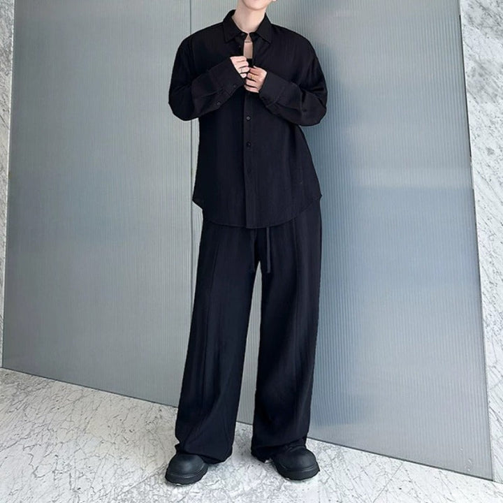 Cotton-Linen Long-Sleeve Shirt Wide-Leg Pant Casual Two-piece Set