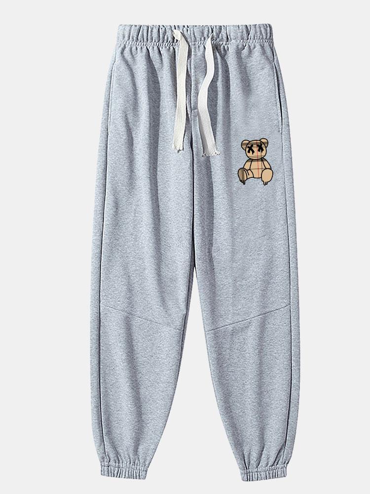 Plaid Pattern Dissolving Bear Print Cotton Blend Jogger Pants