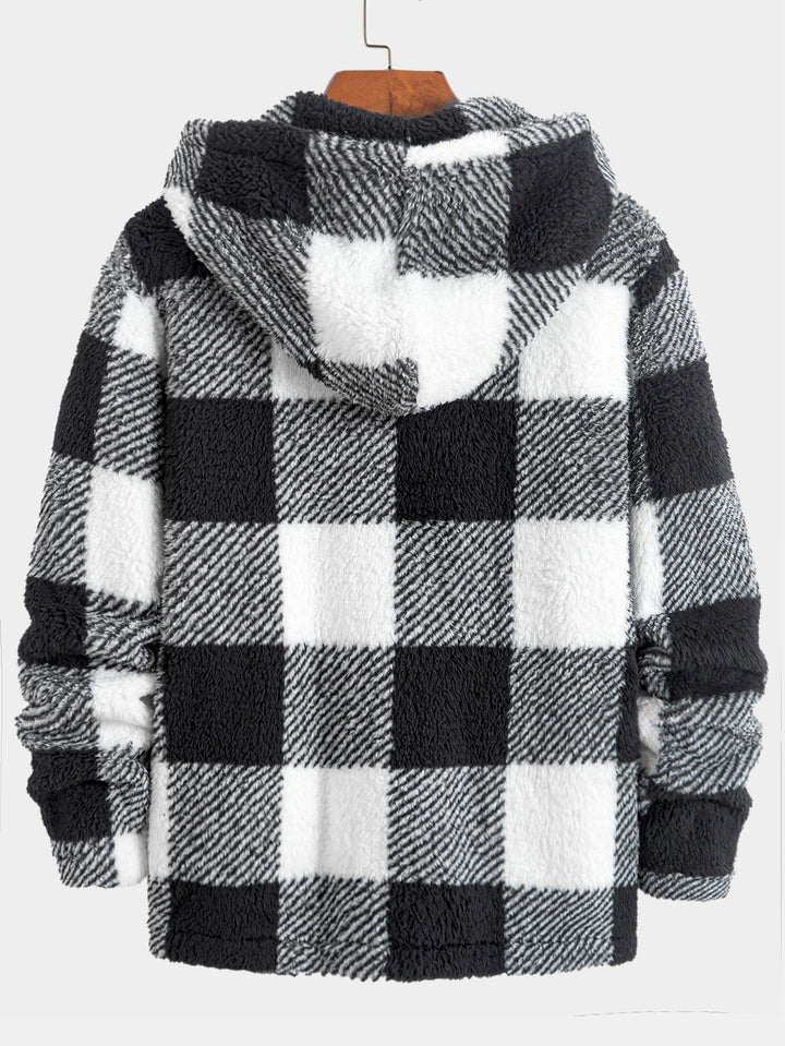 Plaid Teddy Fleece Button Up Hooded Coat