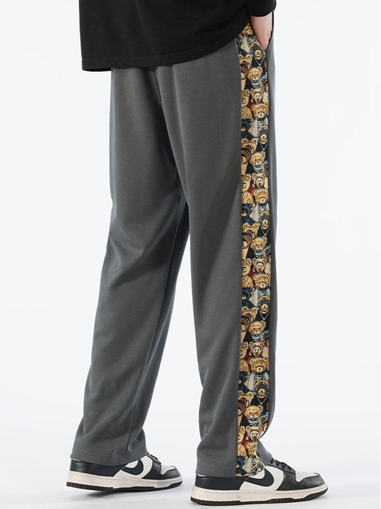 Bear Print Patchwork Straight Leg Pants