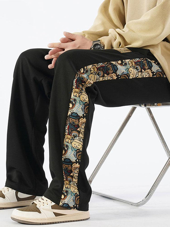 Bear Print Patchwork Straight Leg Pants