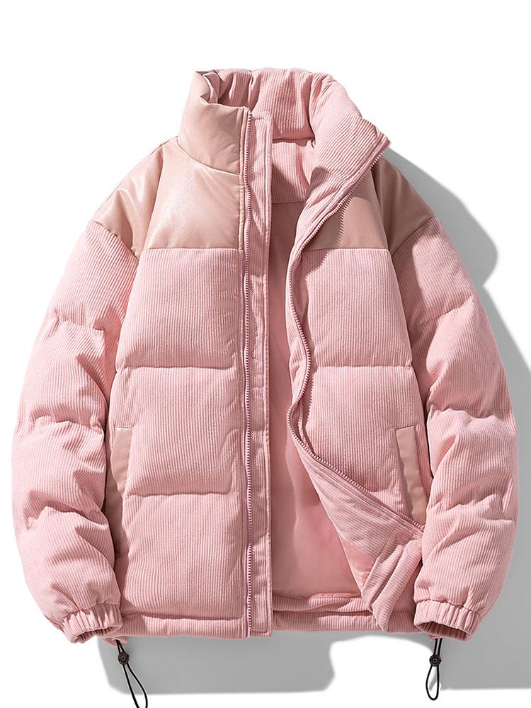 Corduroy PU Patchwork Puffer Coat