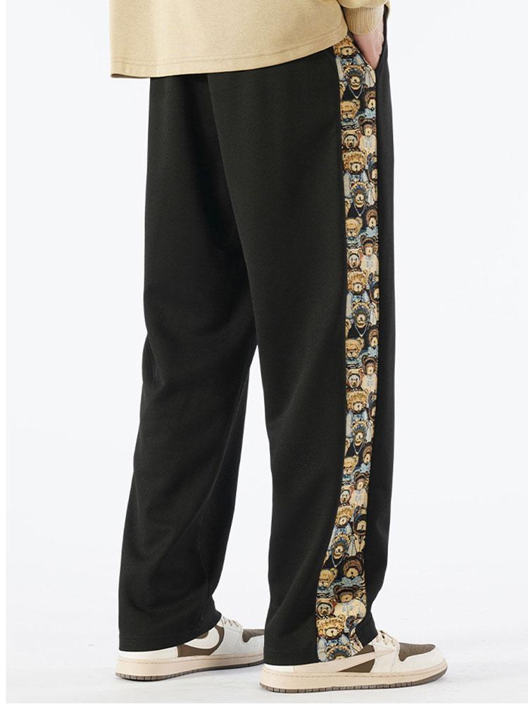 Bear Print Patchwork Straight Leg Pants