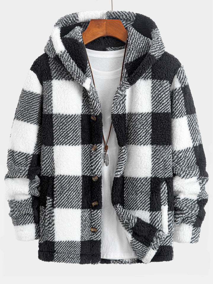 Plaid Teddy Fleece Button Up Hooded Coat