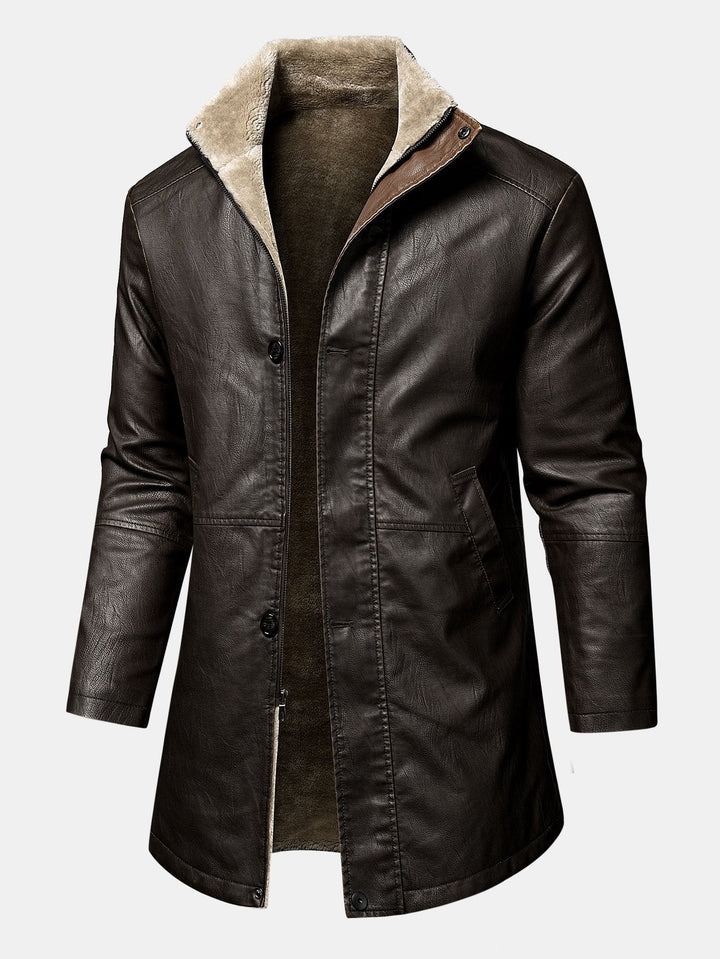 Long Lined Faux Fur Lined PU Leather Overcoat