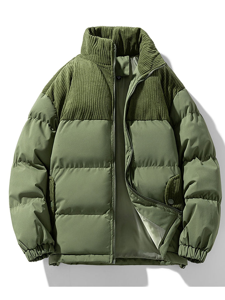 Corduroy Patchwork Zip Up Puffer Coat