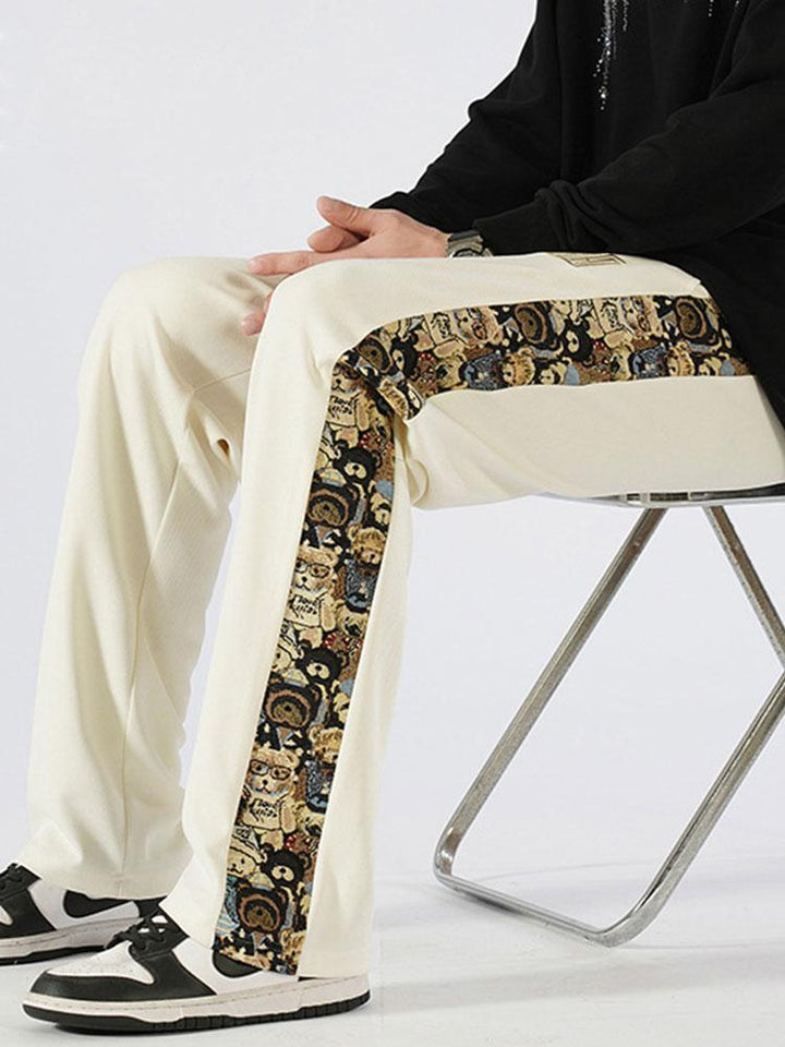 Bear Print Patchwork Straight Leg Pants