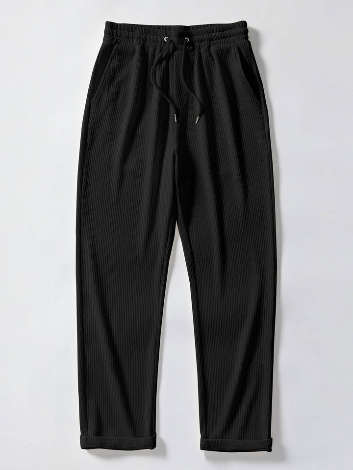 Contrast Trim Ribbed Johnny Collar Knit Polo &amp; Straight Leg Ribbed Pants
