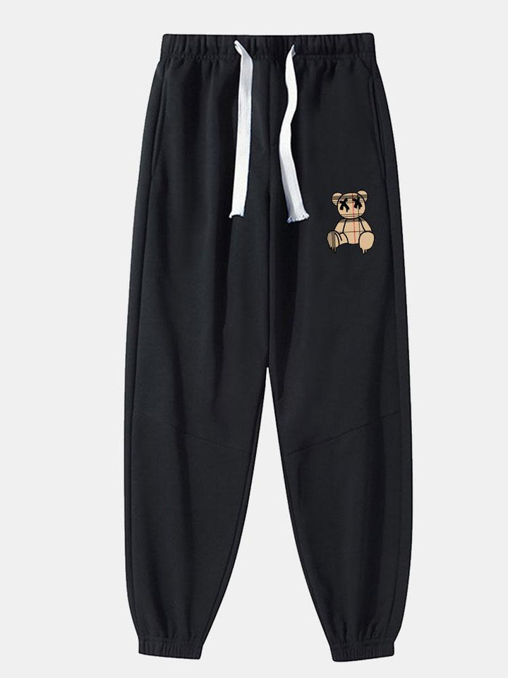 Plaid Pattern Dissolving Bear Print Cotton Blend Jogger Pants