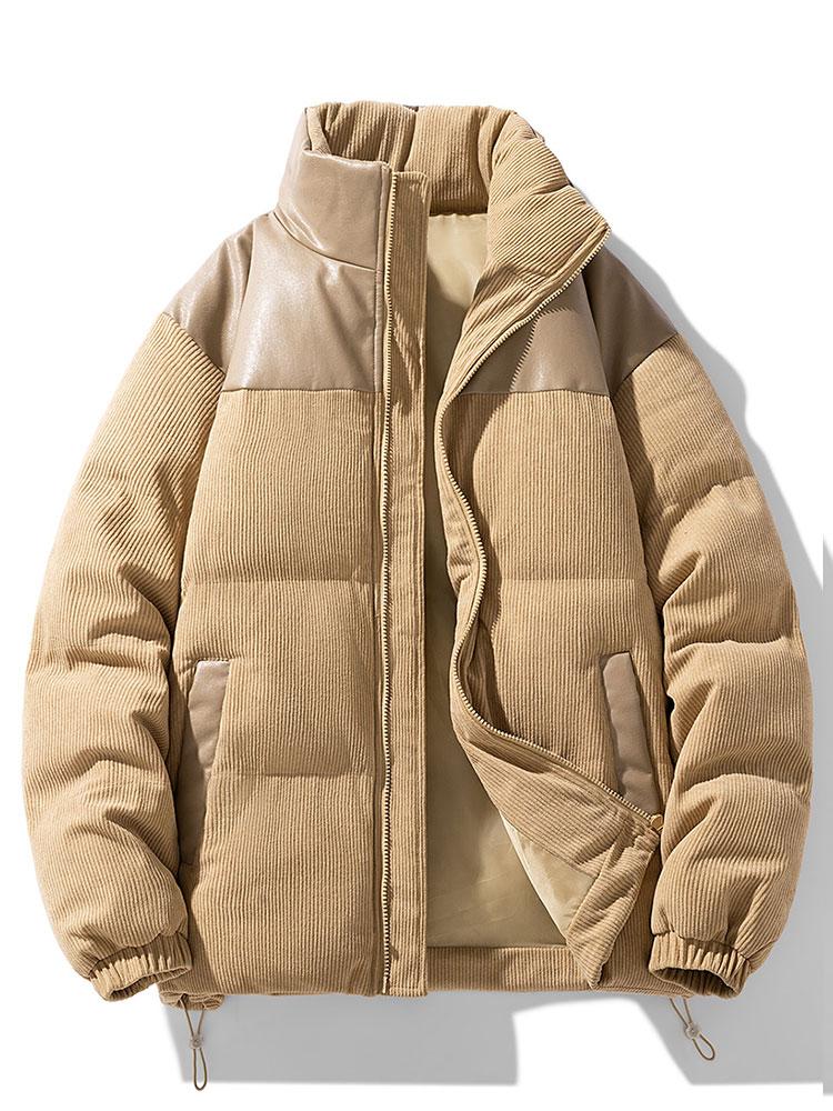 Corduroy PU Patchwork Puffer Coat