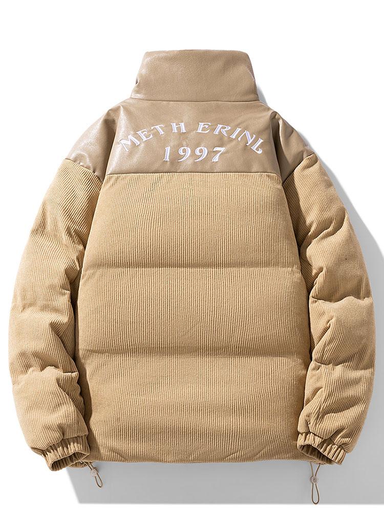 Corduroy PU Patchwork Puffer Coat