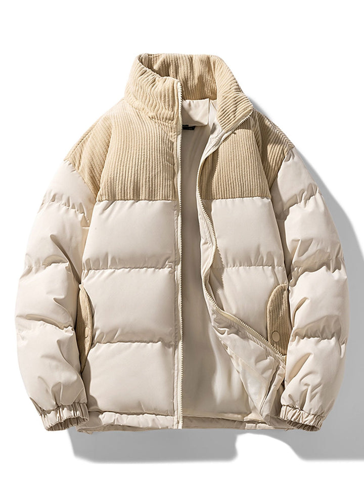 Corduroy Patchwork Zip Up Puffer Coat