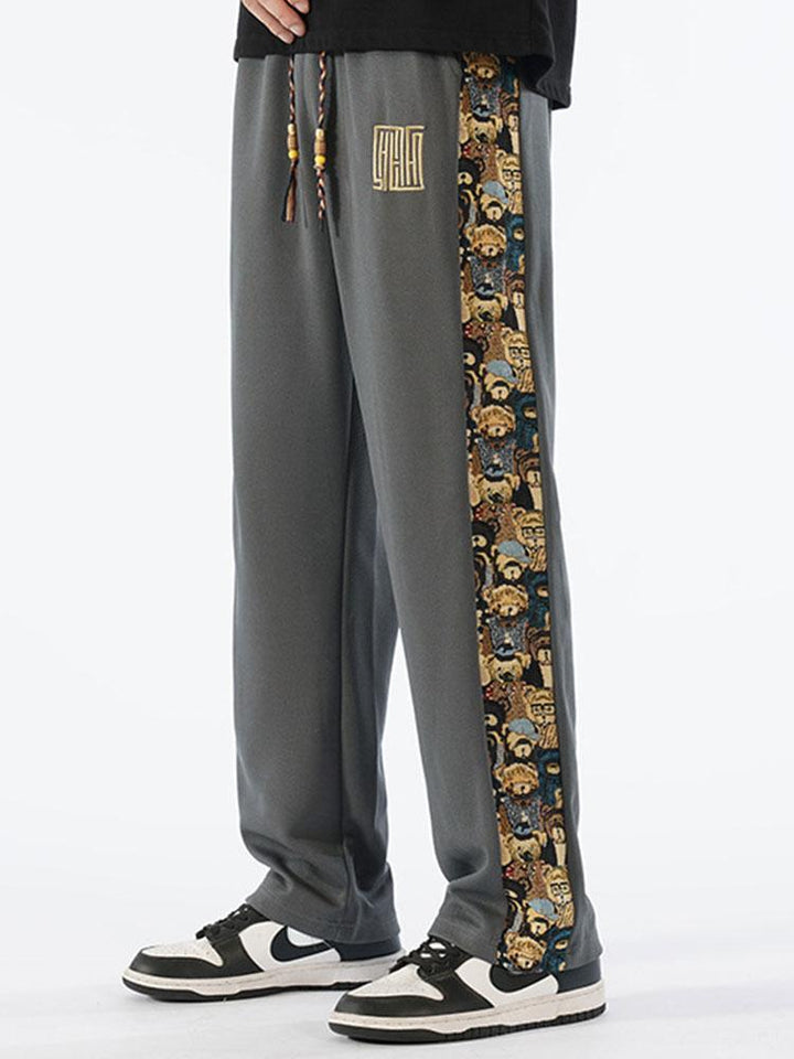 Bear Print Patchwork Straight Leg Pants