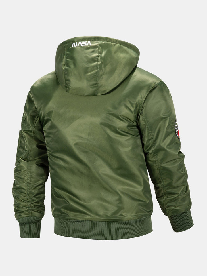 NASA Embroidery Quilted Lined Detachable Hooded Bomber Jacket