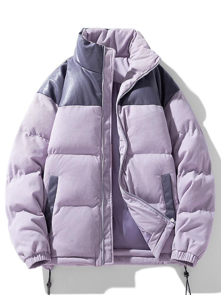 Corduroy PU Patchwork Puffer Coat