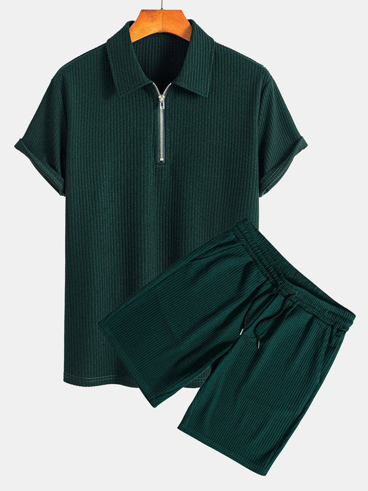 Muscle Fit Ribbed Half Zip Polo &amp; Shorts