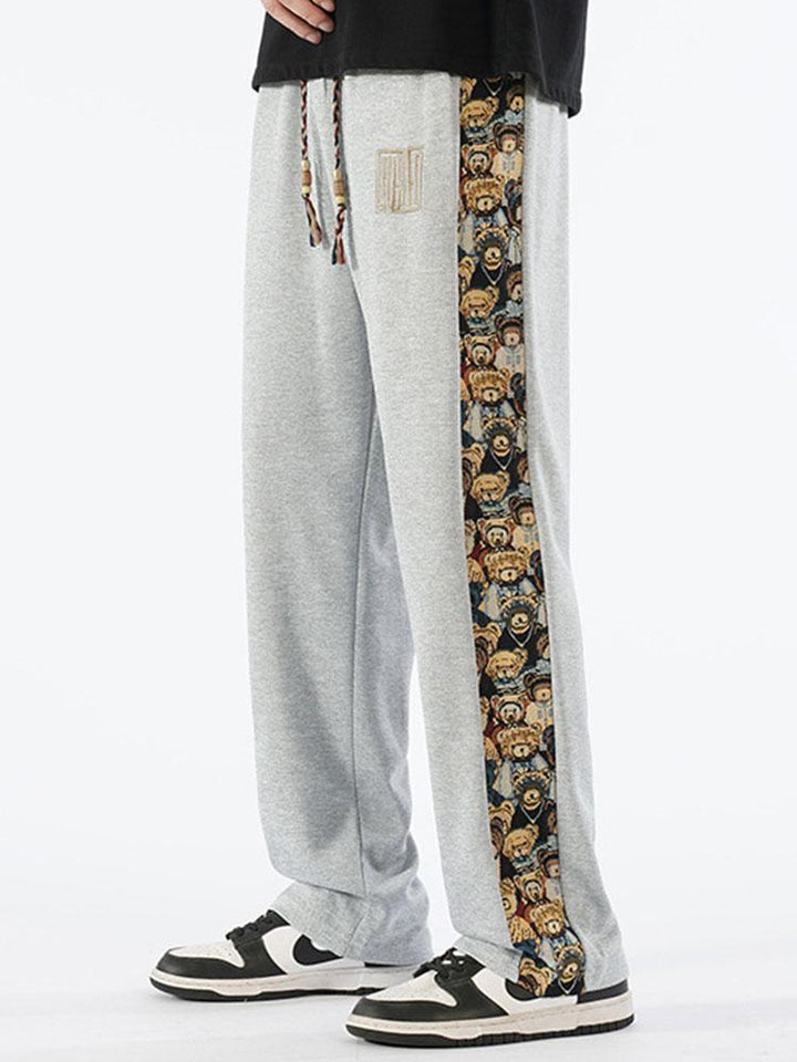 Bear Print Patchwork Straight Leg Pants