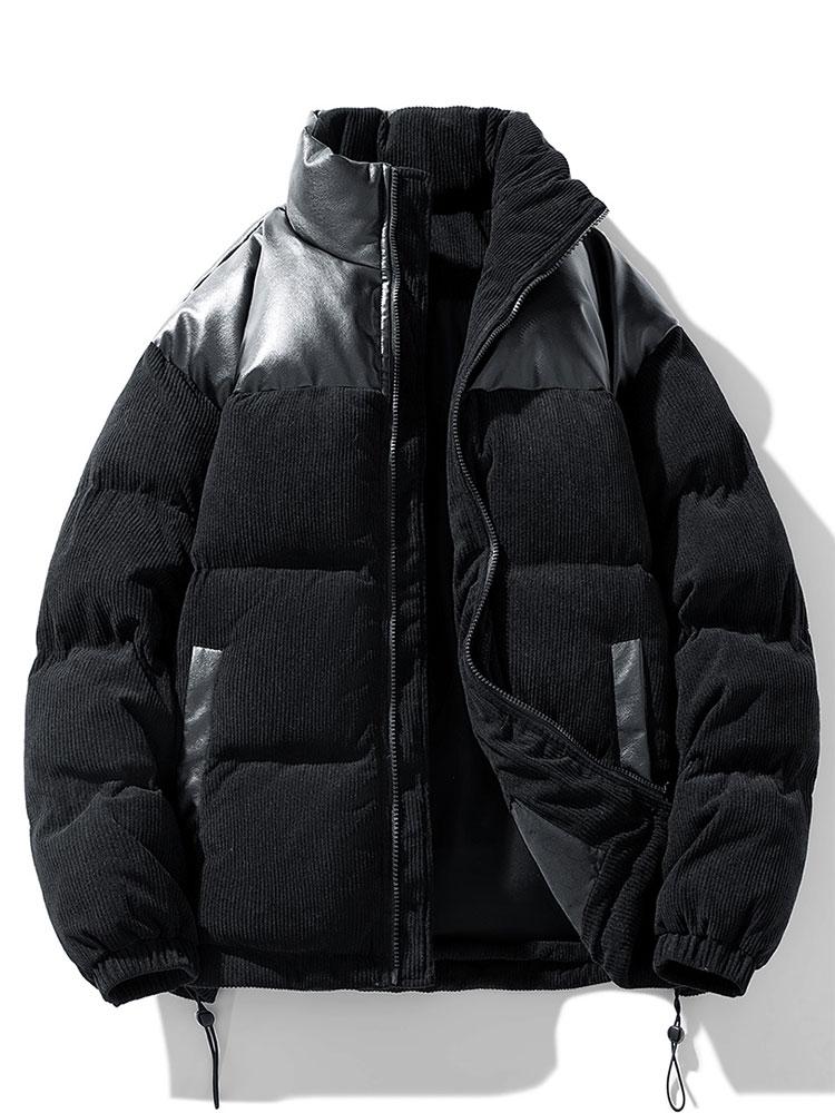 Corduroy PU Patchwork Puffer Coat
