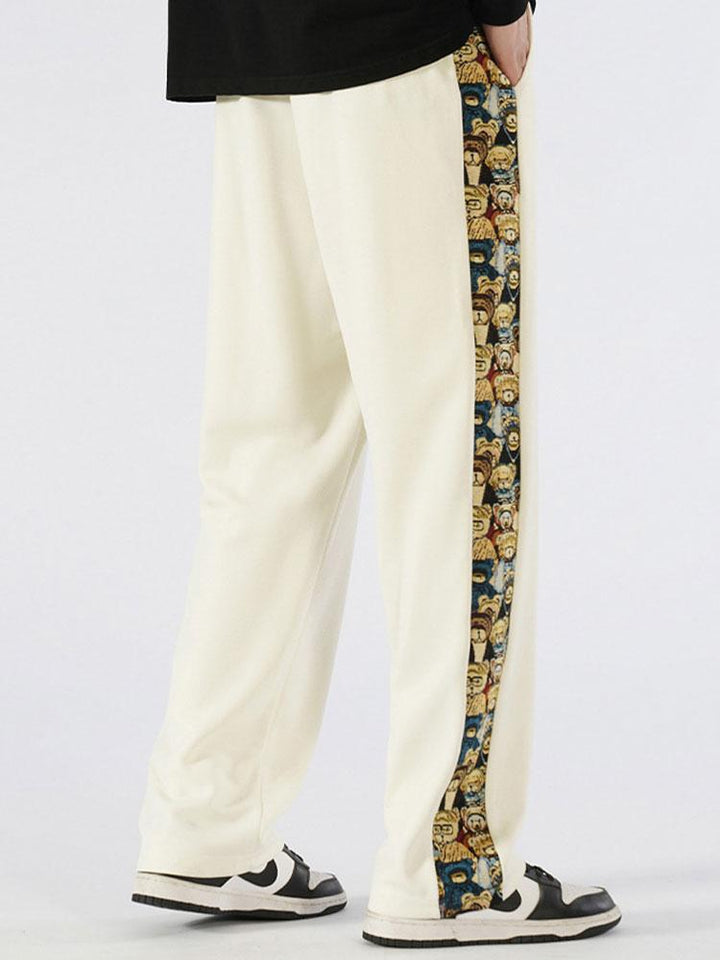 Bear Print Patchwork Straight Leg Pants