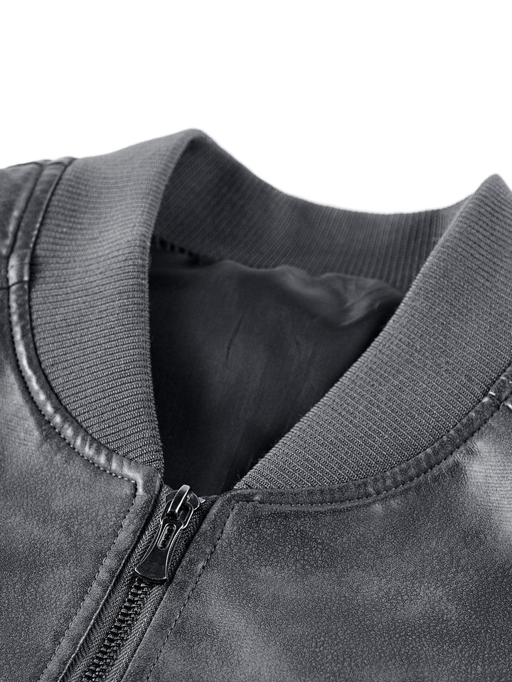 Fleece Lined Washed Distressed Leather Bomber Jacket