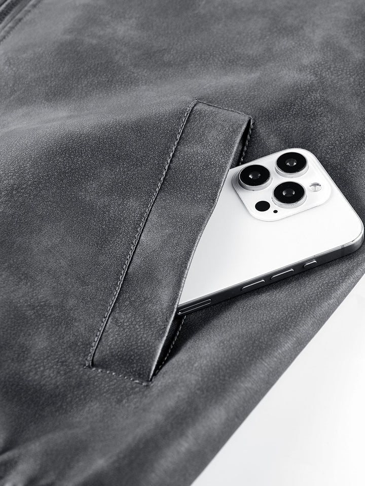 Fleece Lined Washed Distressed Leather Bomber Jacket